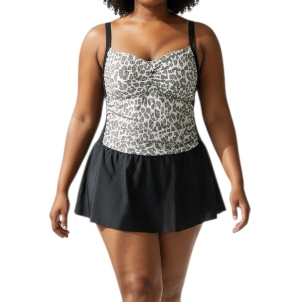 Leopard Print Tankini Swimdress with Black Skirt